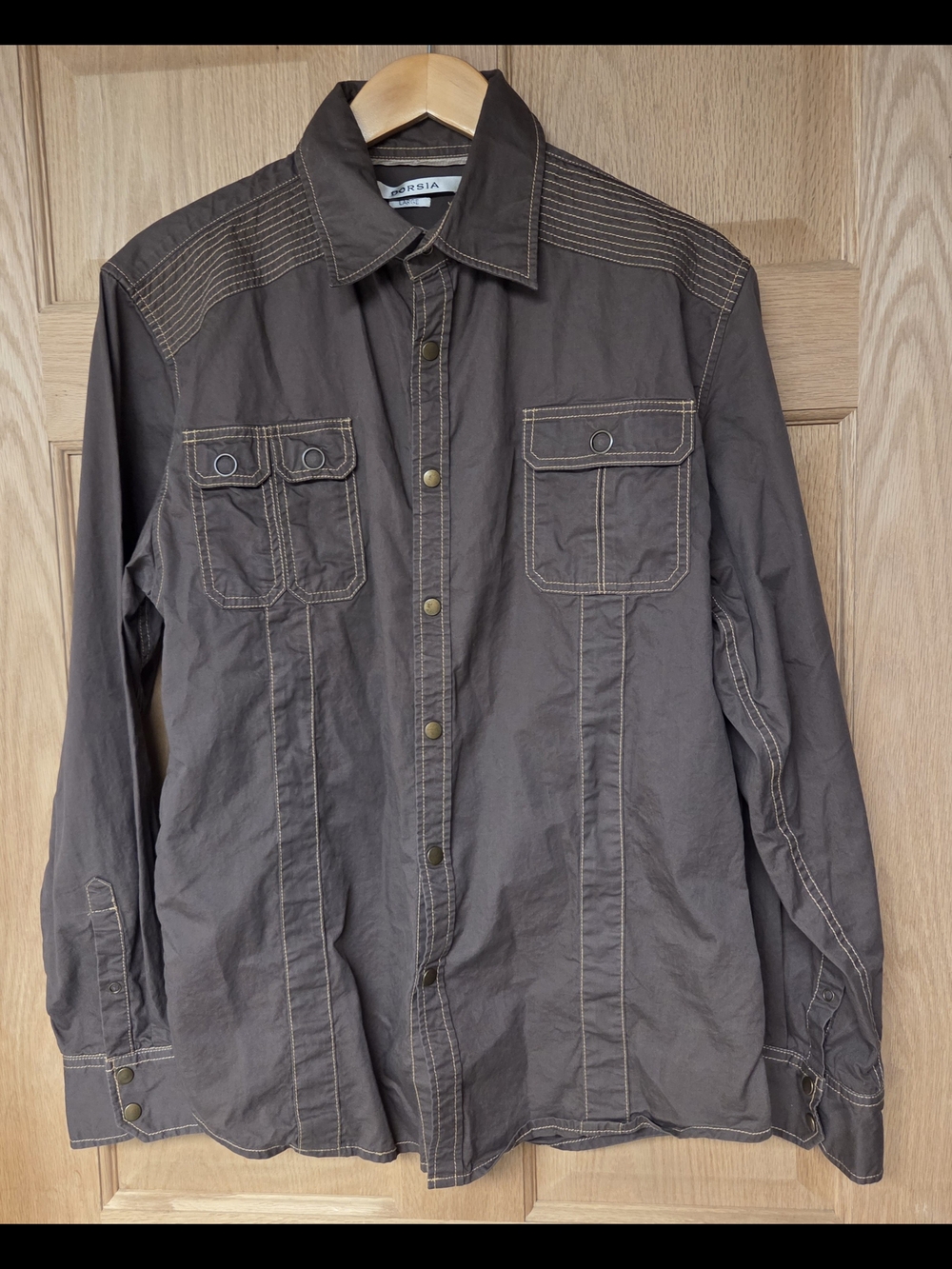 Mens Brown Contrast-Stitch Western Style Snap Shirt Large